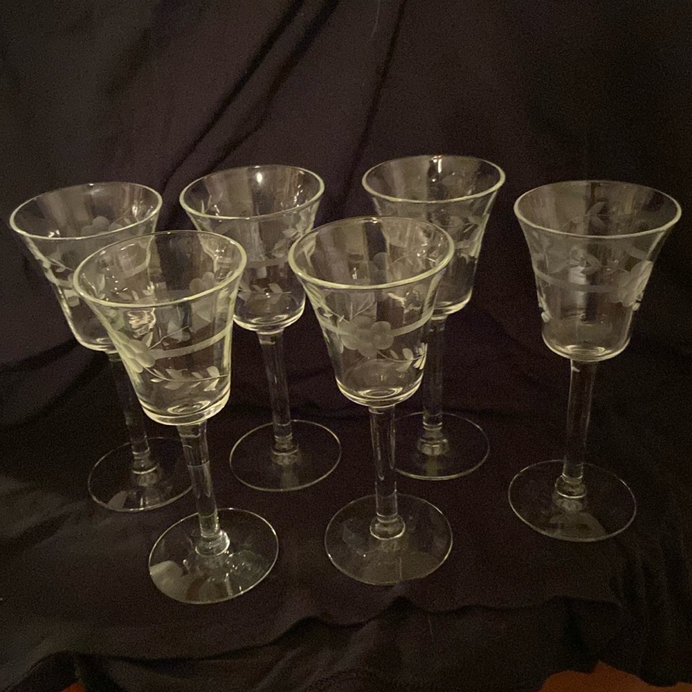 6 cordial etched glass vintage stemware princess depression glass